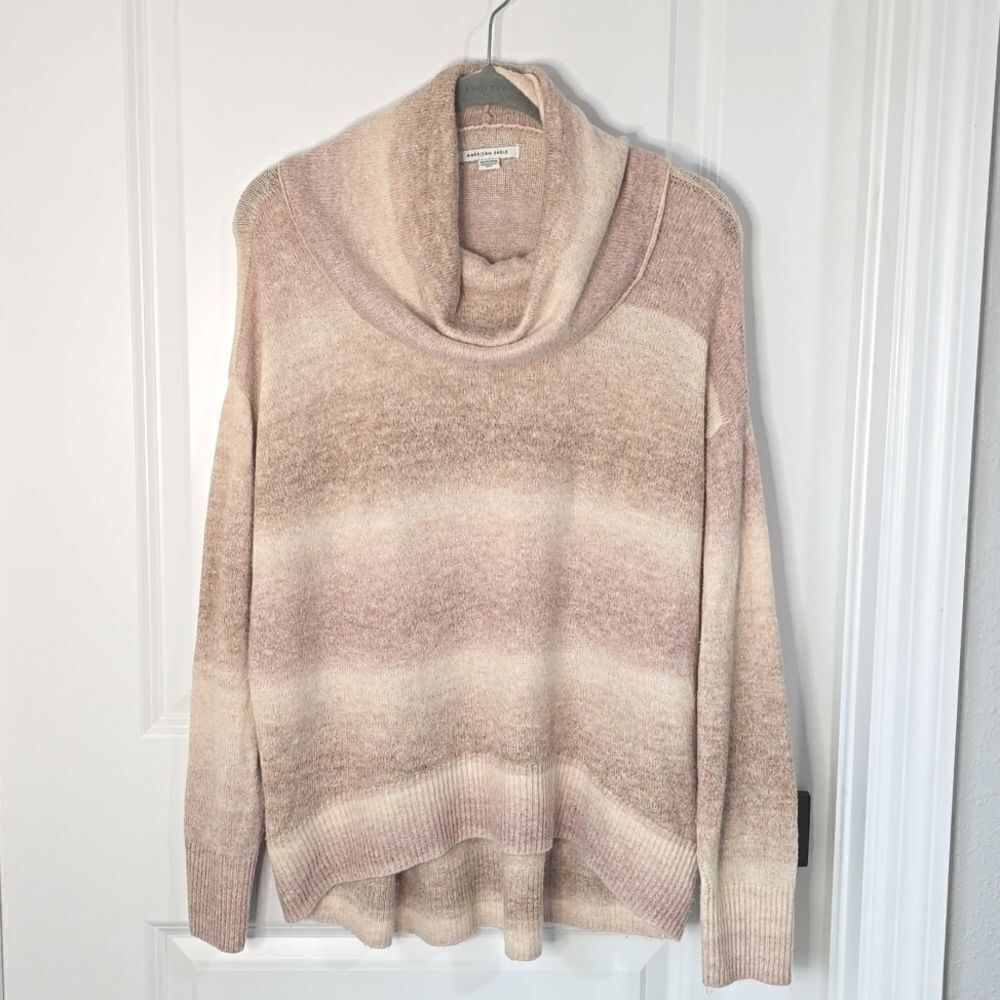 American Eagle Ombre Stripes Cream Mauve Tan Pink Cowl Neck Oversized Sweater-XS - Picture 2 of 13